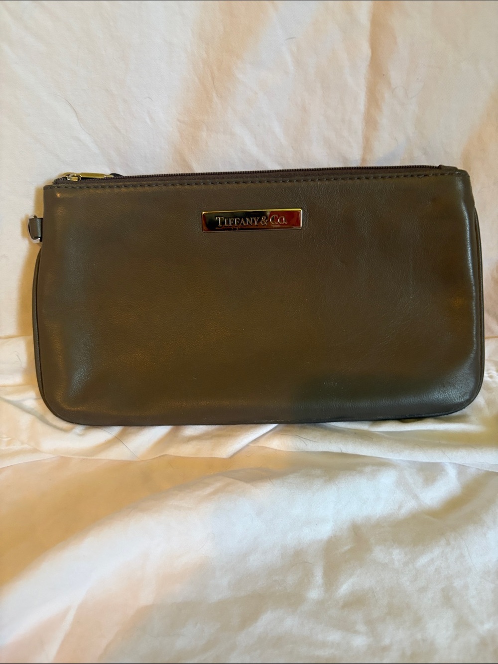 Tiffany & Co. Taupe Leather Zip Wristlet Missing Strap